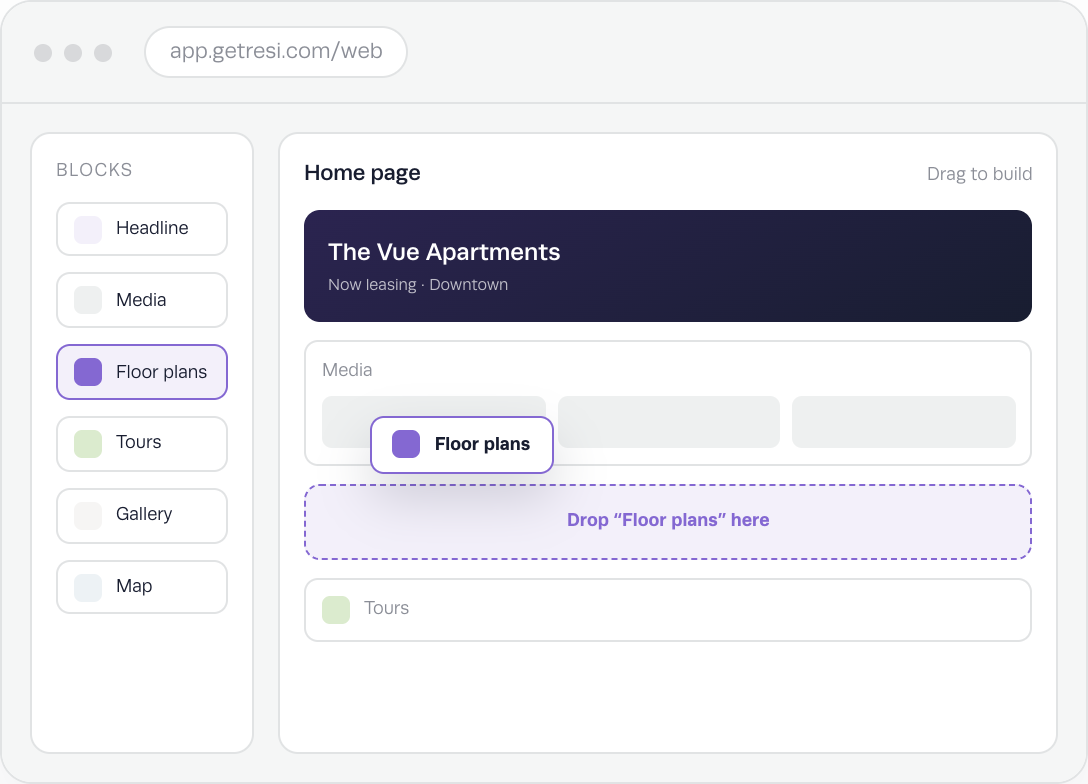 Resi multifamily marketing website drag and drop builder