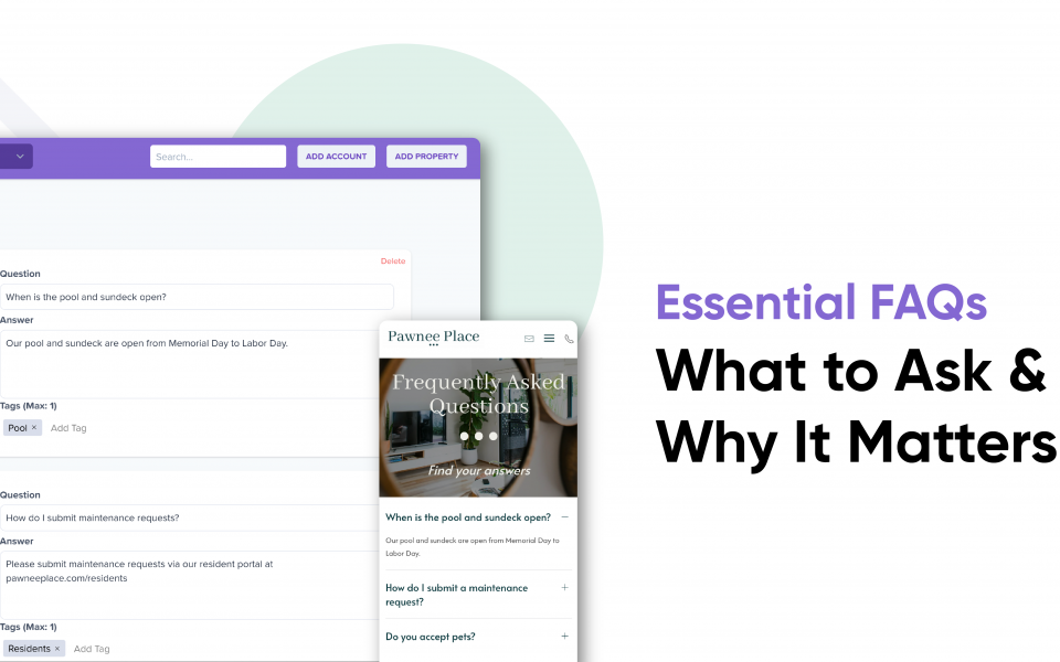Image of Resi app and mobile landing page depicting use of FAQ page on a property website