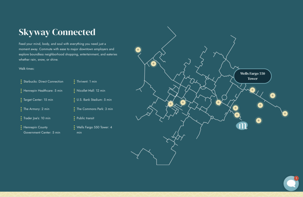 The Moment website goes the extra mile in demonstrating the local neighborhood through specific walk times and a map to support local connectedness and expertise.
