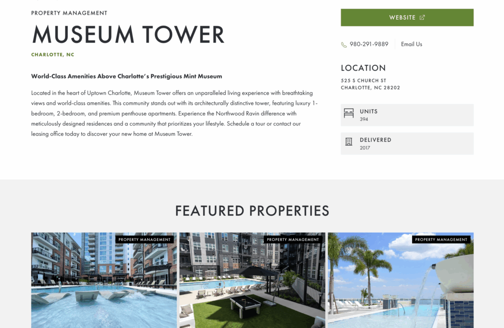 Northwood Ravin's corporate site features each property on a detail page and includes cross-reference to other properties to enhance authoritativeness for both corporate and property websites.