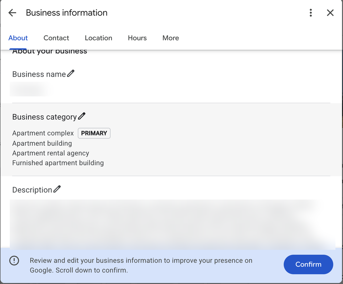 Google Business Profile business information panel showing four apartment categories, with Apartment complex marked PRIMARY.