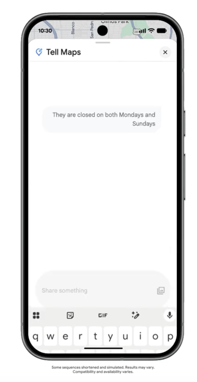 Google's Tell Maps demo showing a contributor typing that a business is closed on Mondays and Sundays.