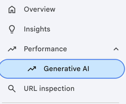 Google Search Console navigation with the Generative AI report highlighted under Performance.