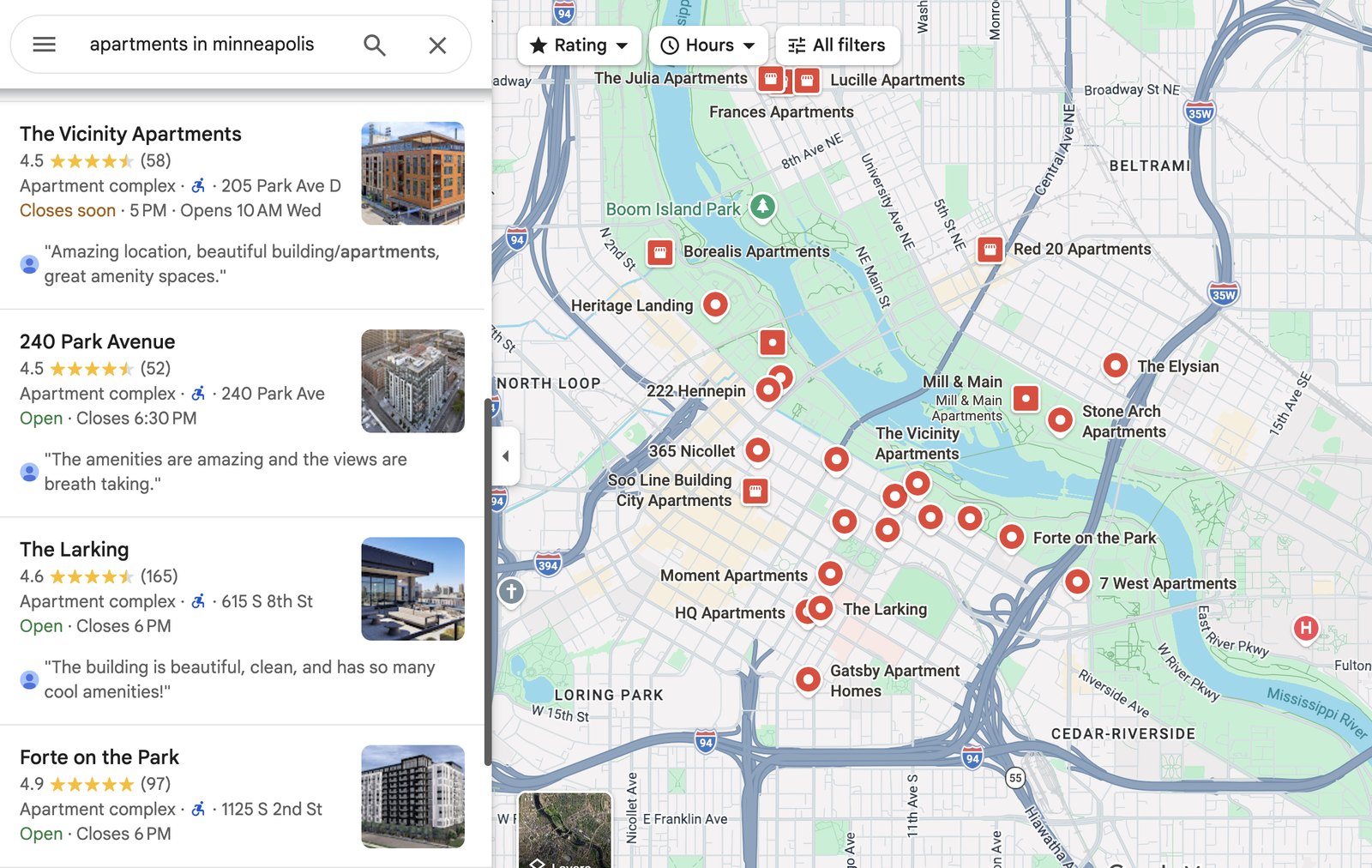 Google Maps results for apartments in Minneapolis showing more than twenty communities in the downtown core.