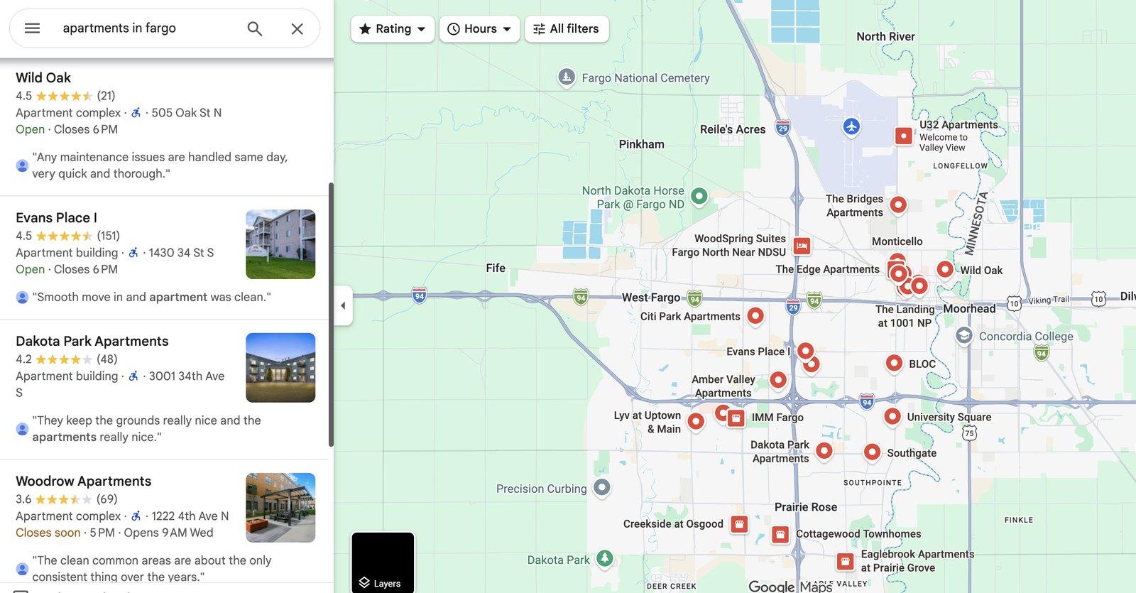 Google Maps results for apartments in Fargo, with communities spread across the whole metro and across the state line.